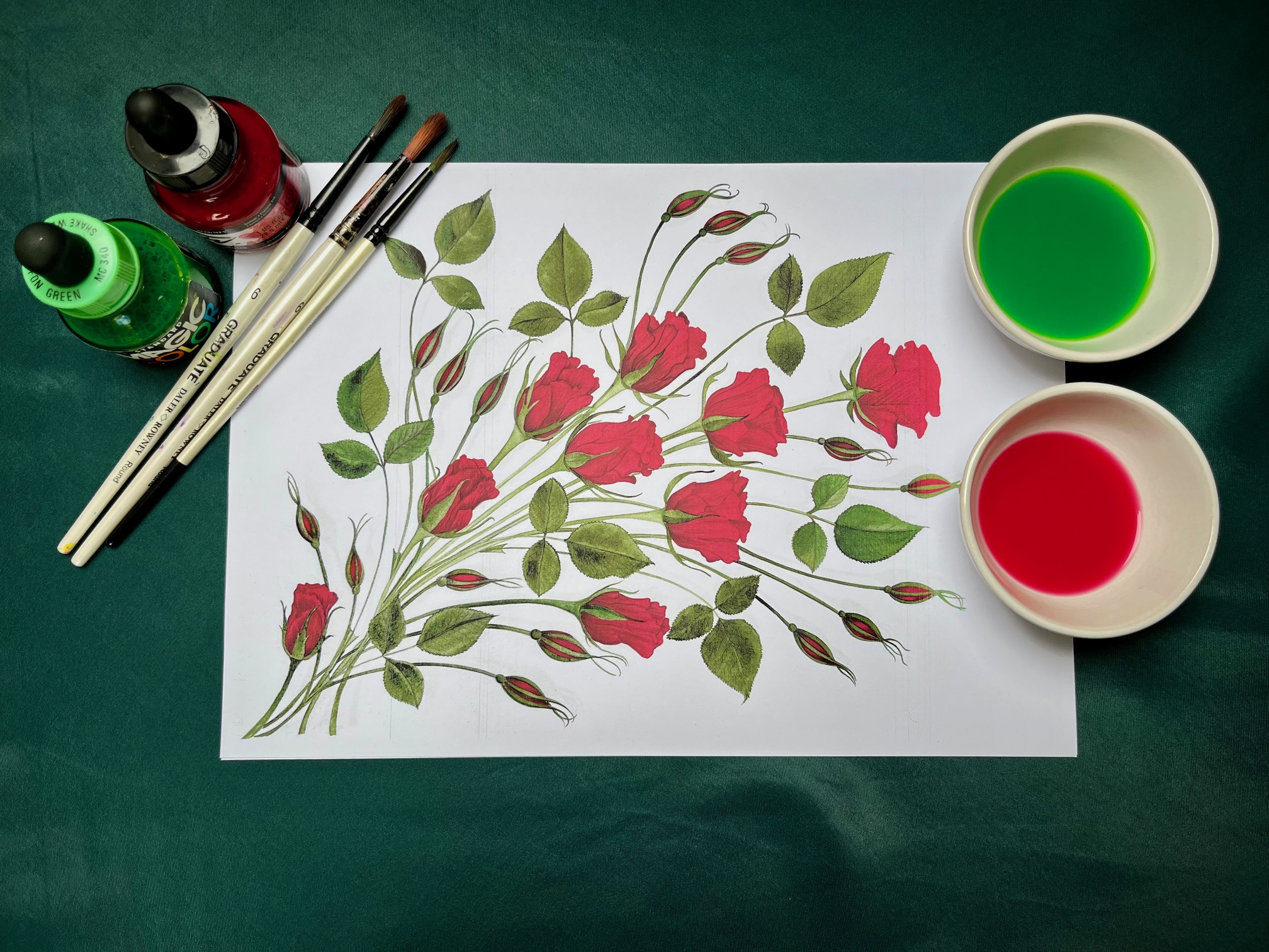 Red Roses and Rosebud Bookmark - Acrylic Ink Workshop